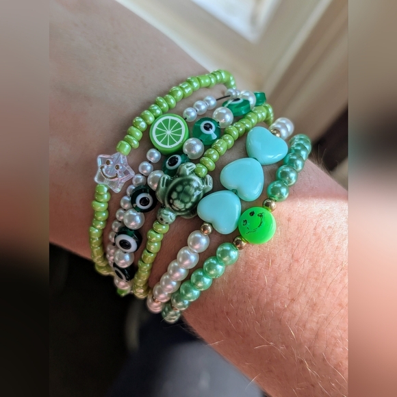 Hand Crafted Jewelry - Green and White Beaded Bracelet Set Of 6